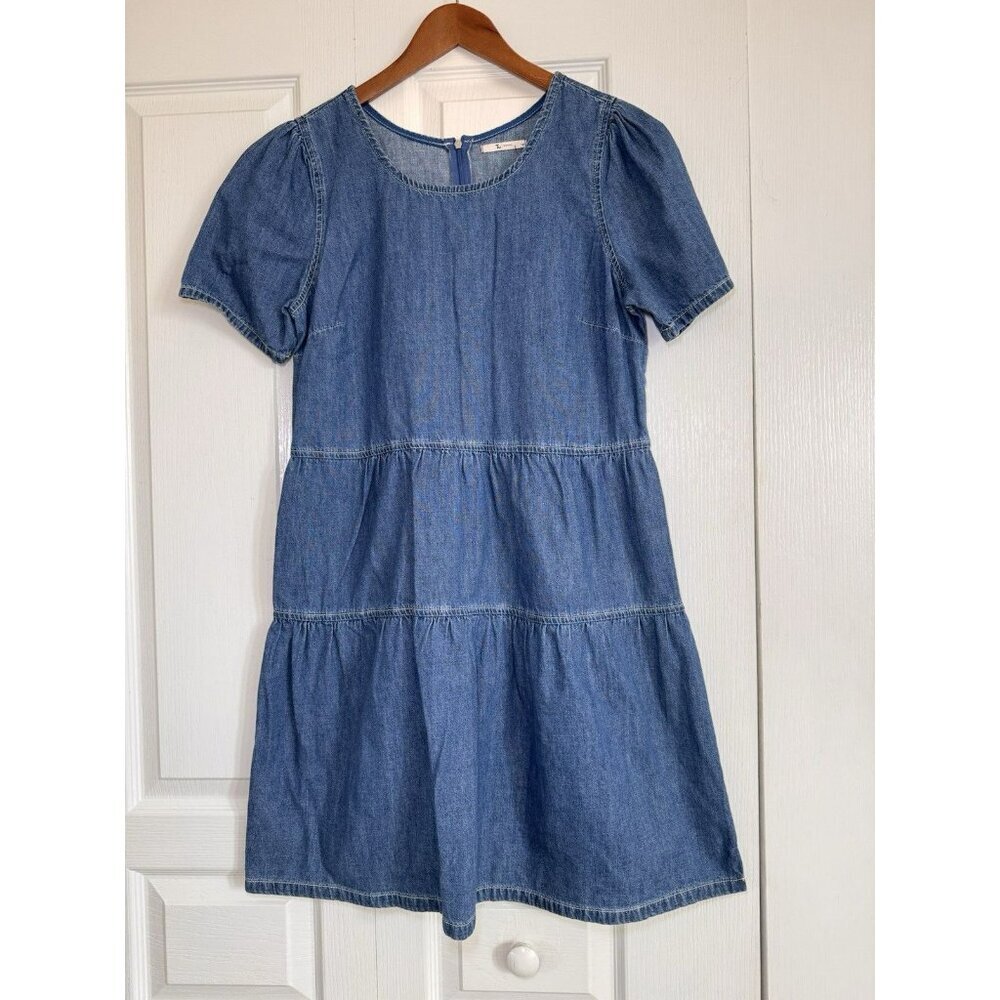 Denim Tiered Babydoll Dress Medium Blue Cotton Puff Sleeve Casual